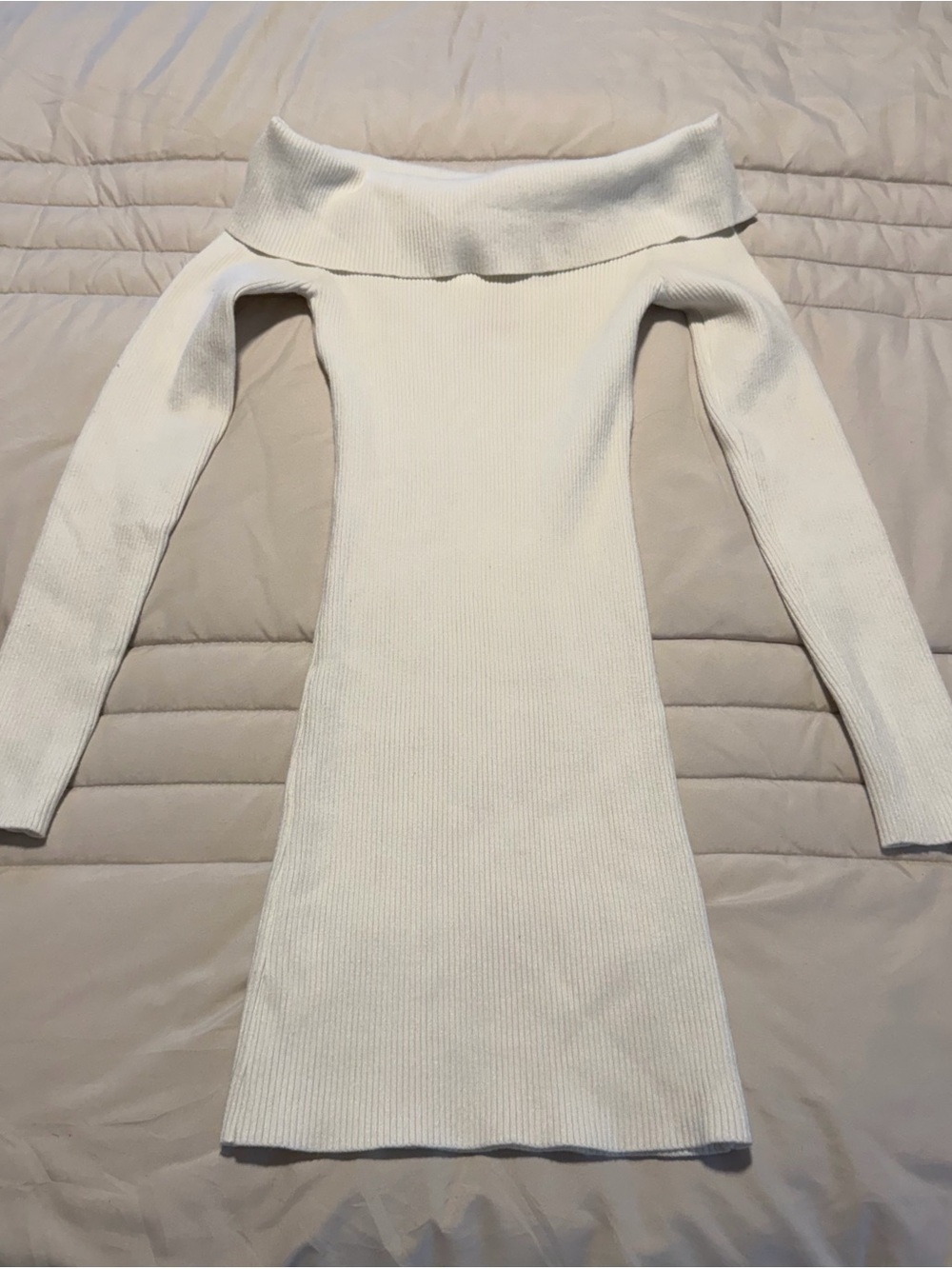Edikted Off-Shoulder Long Sleeve Knit Dress in cream color